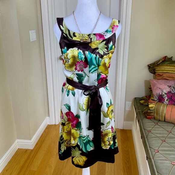 Geisha Dresses & Skirts - Geisha Dress Y2K Silk Floral Sleeveless Round Neck Brown Yellow Pink Aqua (S)